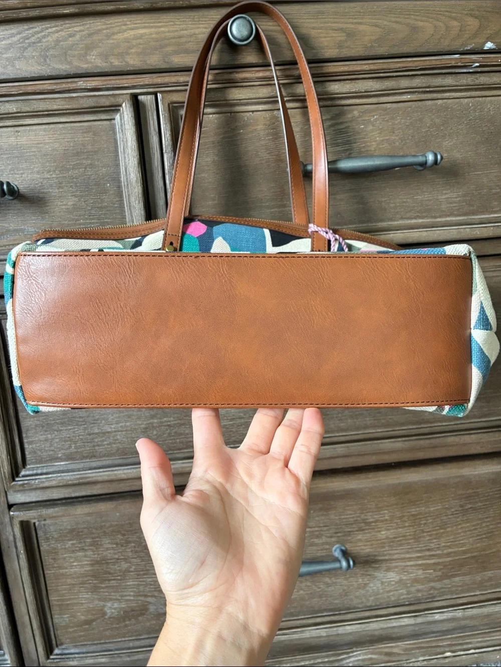 Fossil Canvas Tote in Multicolor Leaf Print with Tan Leather Handles